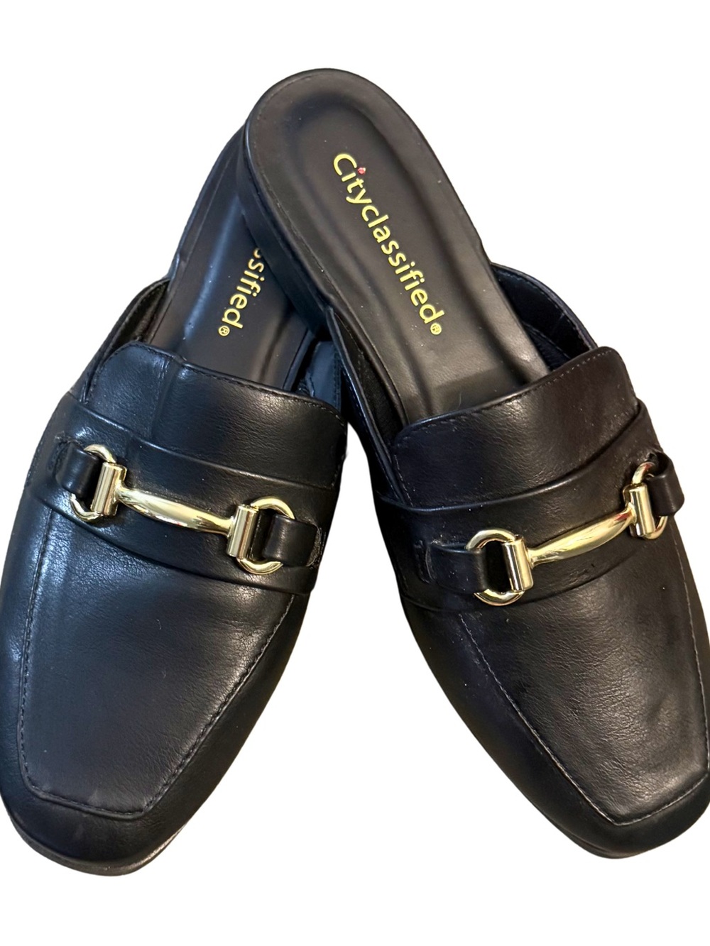 Cityclassified‎ Black Leather Slip-On Mules with Gold Hardware Sz 6